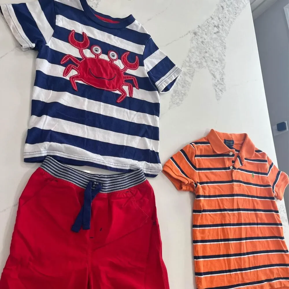 Size 6 Boys 1 polo dress shirt-collar orange 1 outfit crab red blue white